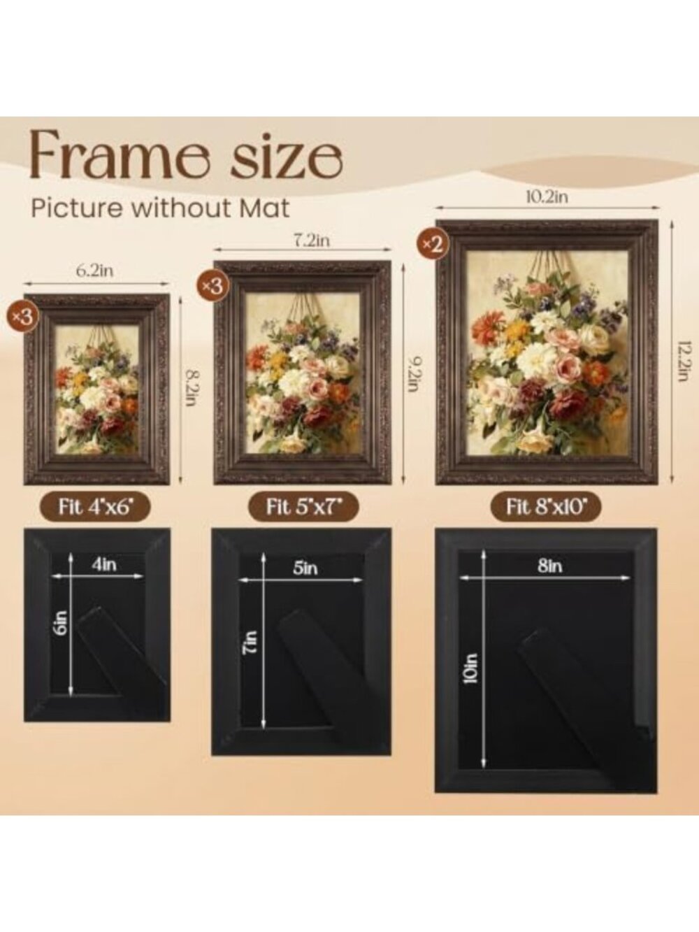 Vintage Dark Brown Picture Frames Set - 8 Pcs (8x10, 5x7, 4x6) Home Decor - Picture 3 of 7